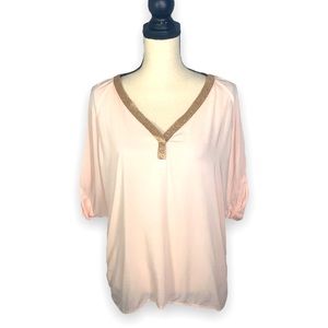 Juicy Couture Pink Sheer Blouse with Rose Gold Neckline – Size Medium